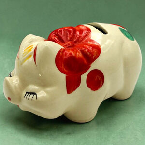 American Bisque Piggy Bank Polka Dot Red Bow Vintage Painted Pottery 5.5" READ